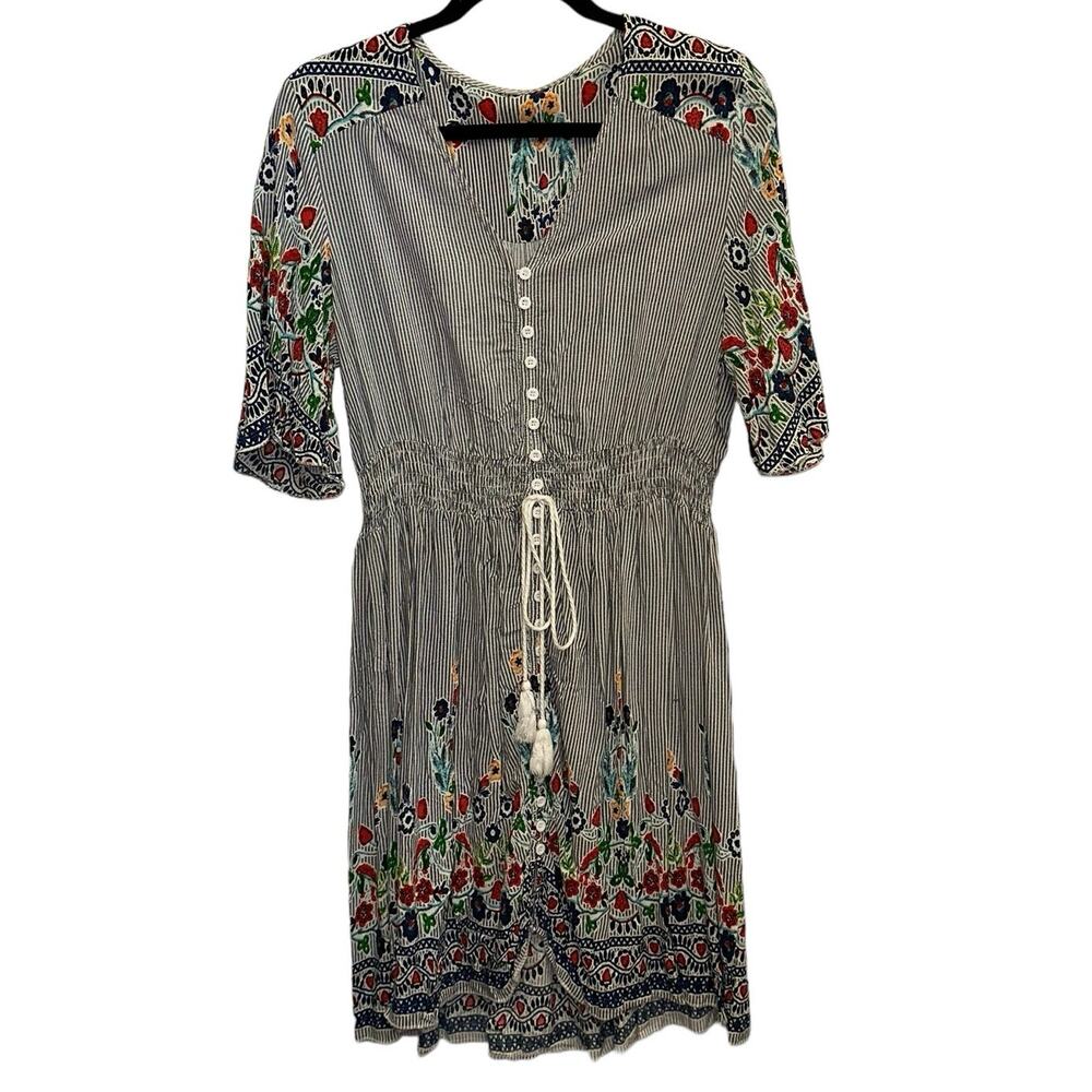 Striped & Floral V Neck Button Front Dress